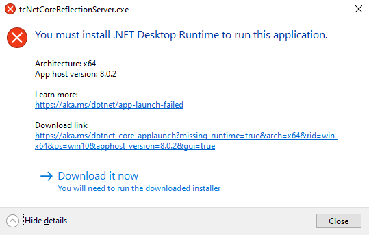 tcNetCoreReflectionServer.exe Error on Windows Server 2019